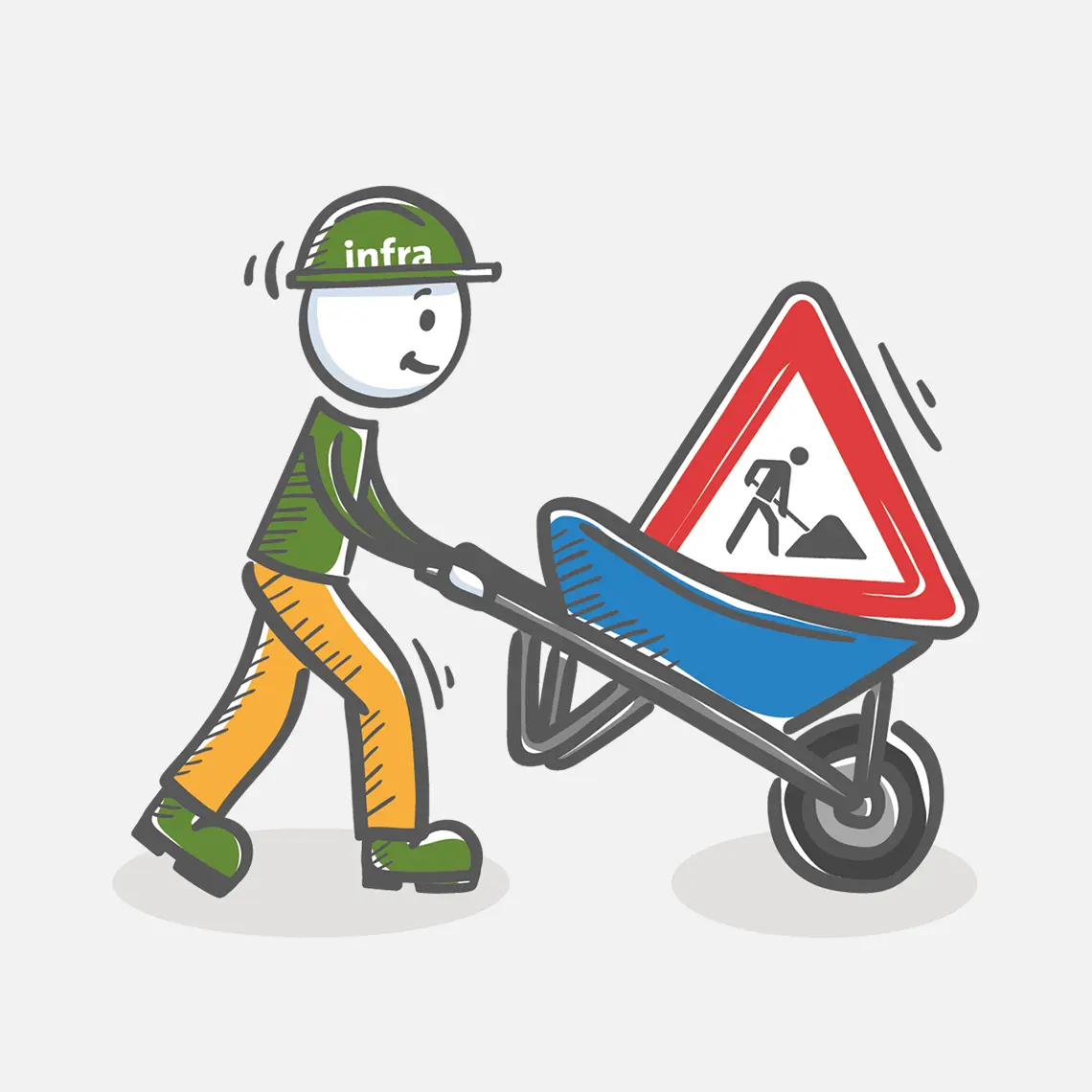 Ein Strichmännchem mit Helm schiebt eine Schubkarre - Zu den Baustellen